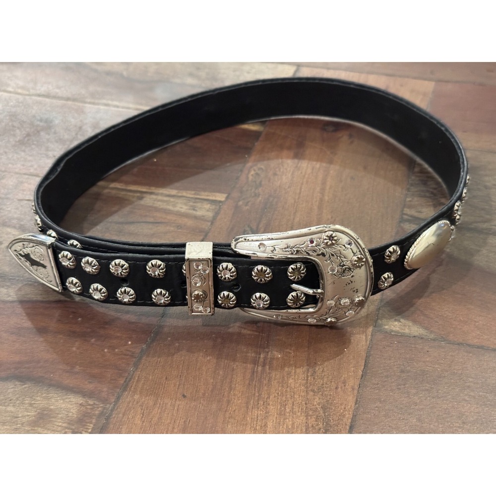 Vintage St Maarten Black Belt with Buckle Silver Tone Studs Rhinestones Size 26